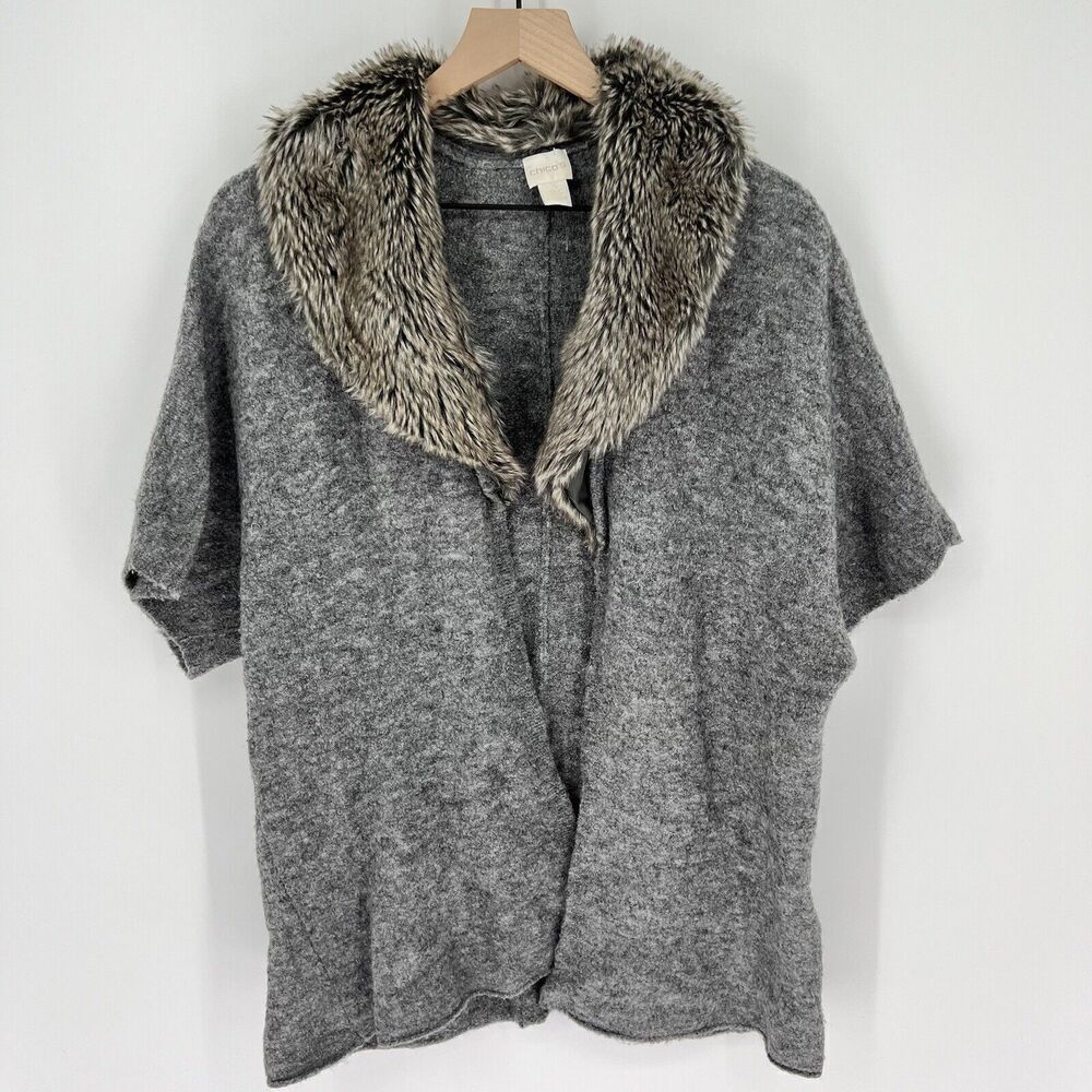 CHICO'S Lillian Gray Wool Blend Short Sleeve Cardigan Faux Fur Collar 3 XL/16
